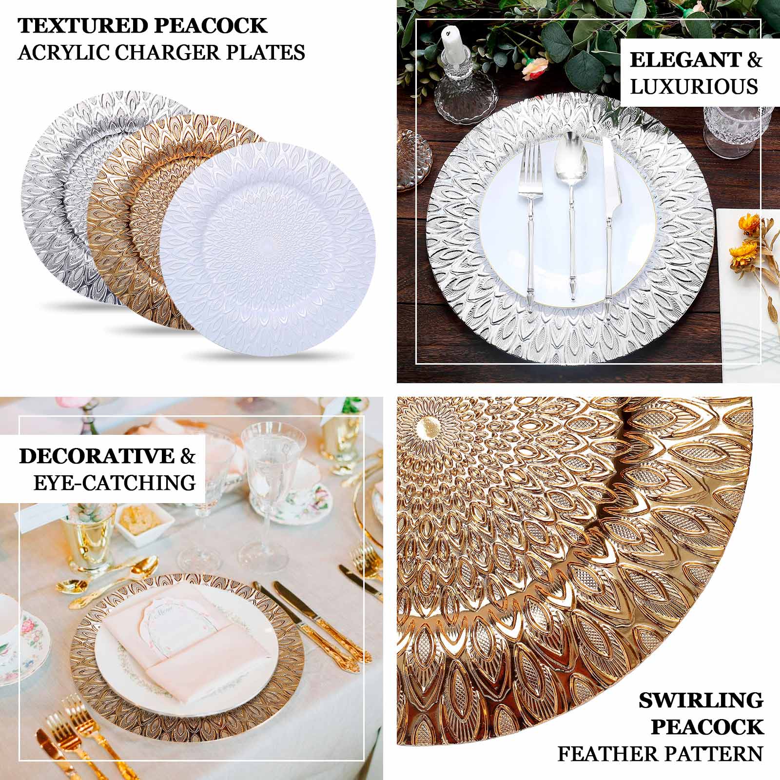 6-Pack Plastic Charger Plates 13" Round Teal with Gold Embossed Peacock Pattern - Disposable Charger Tableware - Image 4