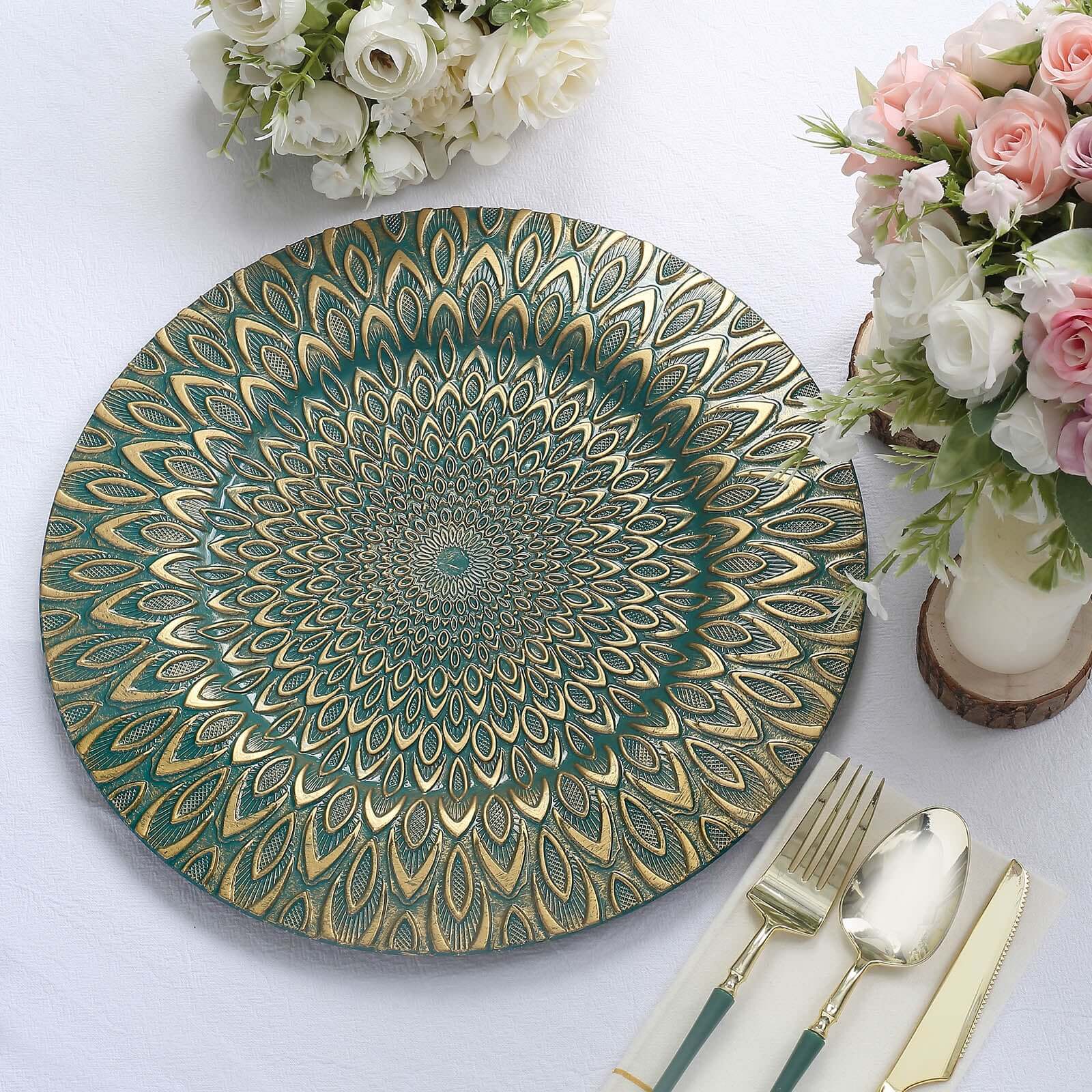 6-Pack Plastic Charger Plates 13" Round Teal with Gold Embossed Peacock Pattern - Disposable Charger Tableware - Image 8
