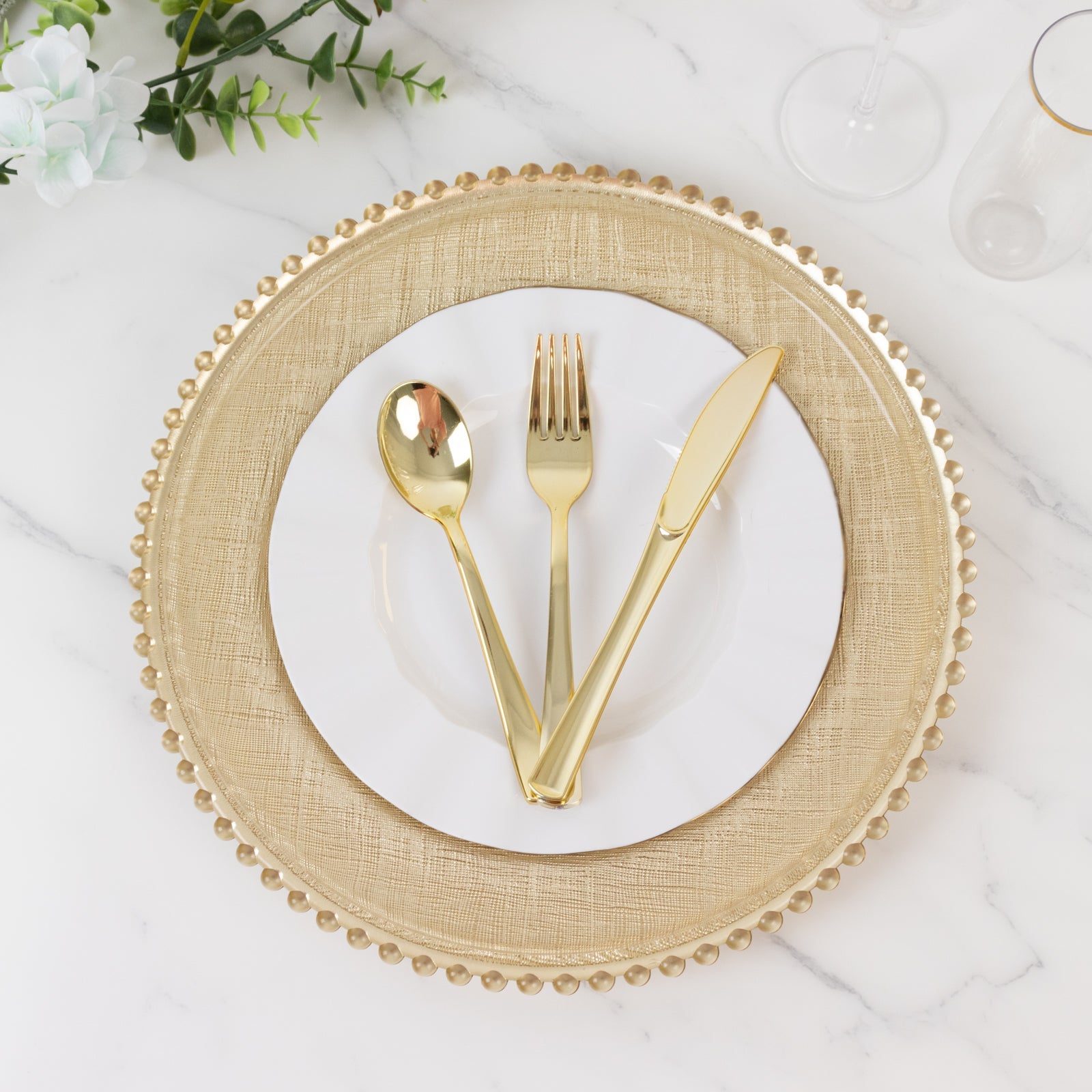 8-Pack Glass Charger Plates 12" Round Gold with Beaded Rim & Cross-Stitch Pattern - Event Tabletop Decorative Dinner Charger Tableware - Image 4
