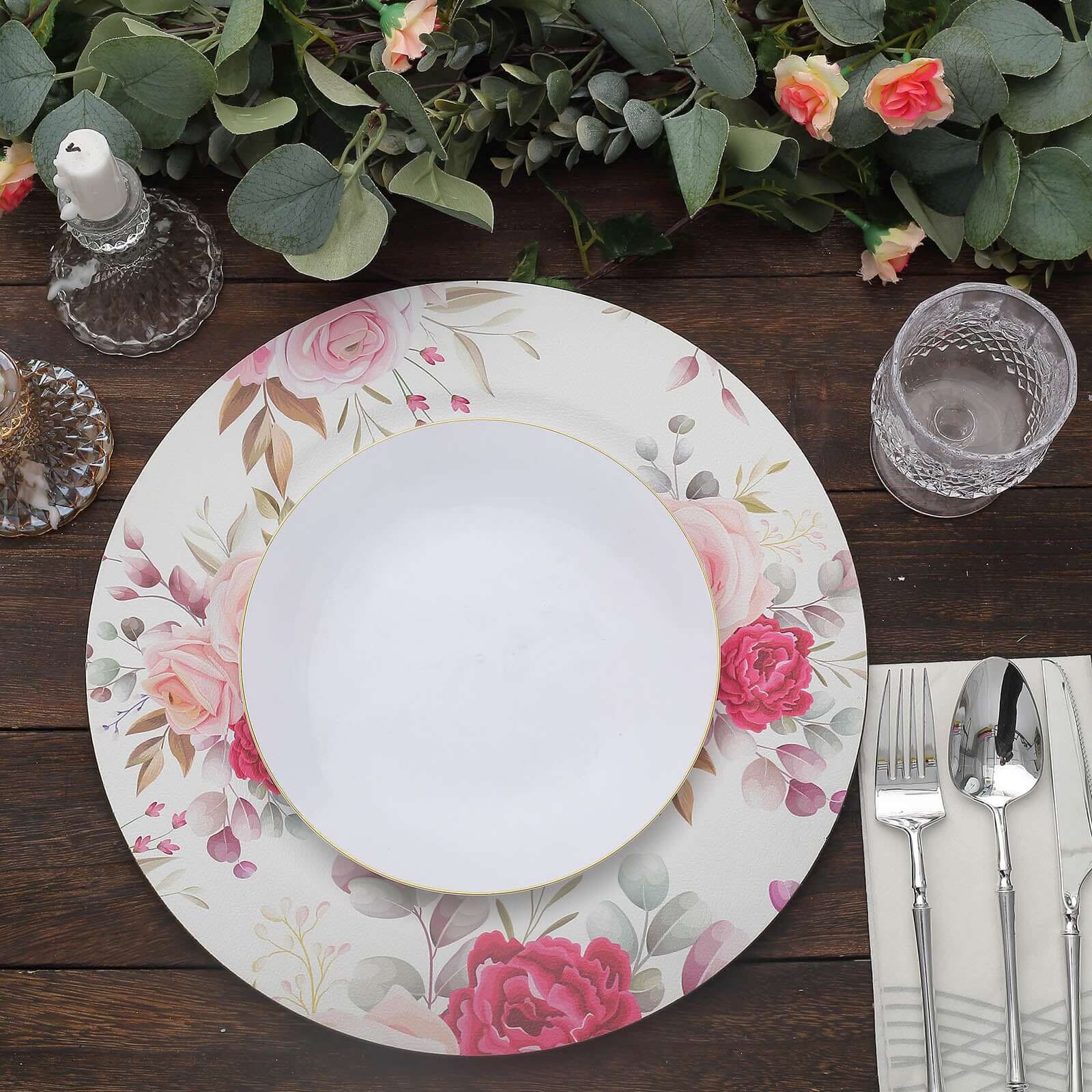 6-Pack Plastic Charger Plates 13" Round White with Assorted Rose Floral Print - Decorative Dinner Party Charger Tableware - Image 5